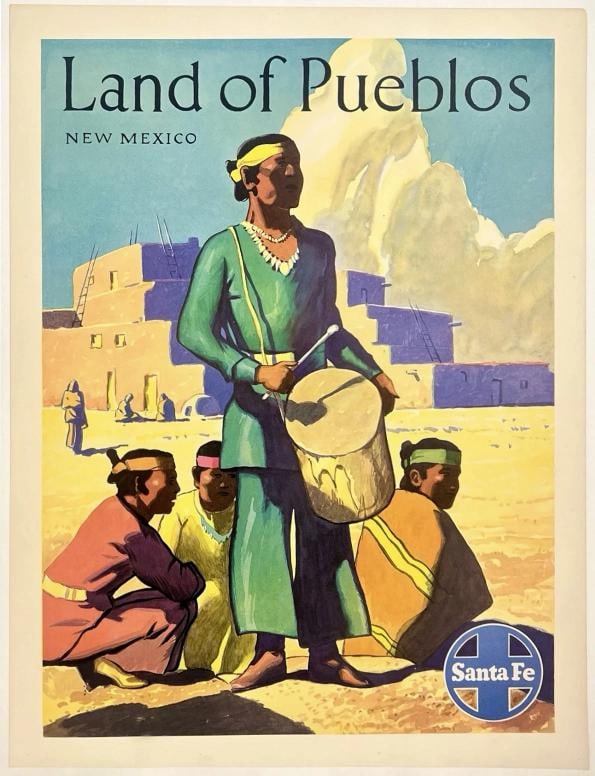 Original Vintage Poster SANTA FE RAILROAD LAND OF PUEBLOS NEW MEXICO Travel OL: Dimensions: 18.1 x 23.9 in. / 46 x 60.7 cm.; Circa: 1950s Original vintage "SANTA FE RAILROAD - LAND OF PUEBLOS - NEW MEXICO" railroad travel poster, illustrated by an anonymous artist, and printed