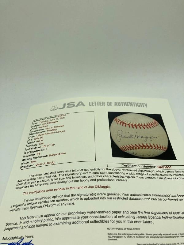 Joe Dimaggio Signed Heavily Inscribed STAT Baseball JSA COA - 9