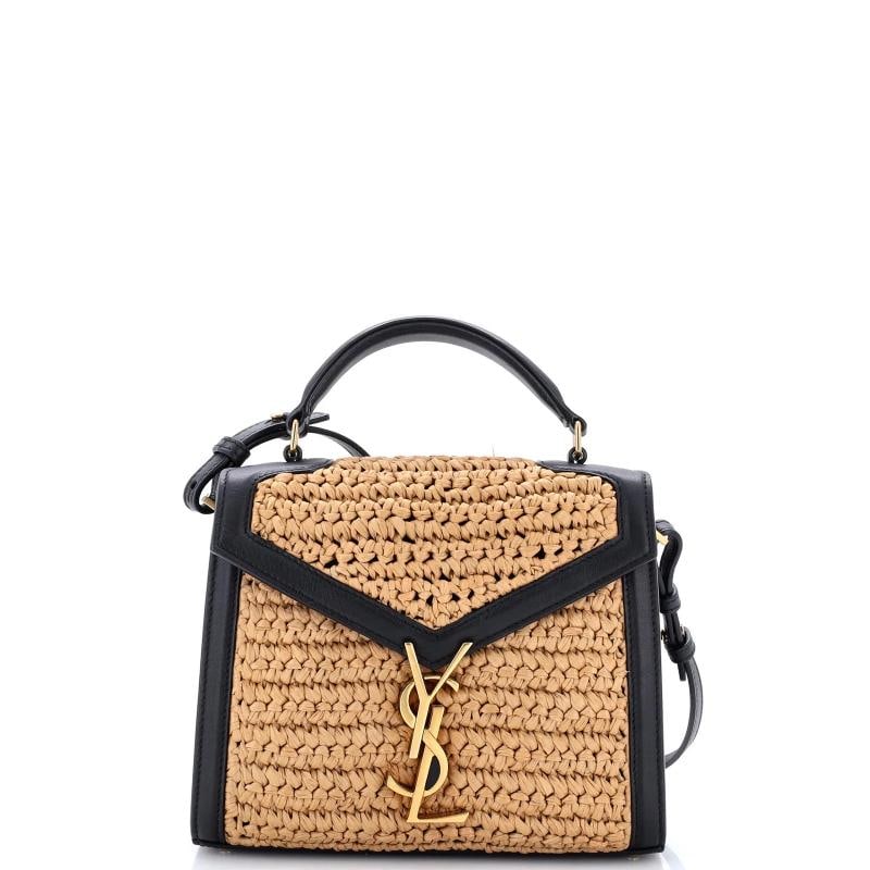 Saint Laurent Cassandra Top Handle Bag Raffia with Leather Mini: Condition: Pre-owned - Good,Brand: Saint Laurent,Exterior Material: Leather, Raffia,Style: Top Handle,Exterior Color: Black,Department: Women,Size: Mini,Accessories: Dust Bag, With Strap