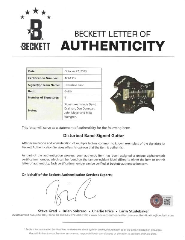 DISTURBED BAND SIGNED F/S FULL-SIZE ELECTRIC METAL FLAME GUITAR BECKETT COA x4 - 2