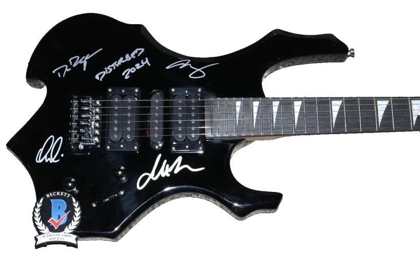 DISTURBED BAND SIGNED F/S FULL-SIZE ELECTRIC METAL FLAME GUITAR BECKETT COA x4 - 4
