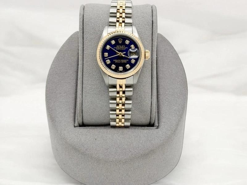 Rolex Ladies Datejust 69173 26mm Blue Diamond Dial 18k Yellow Gold Steel Jubilee: Condition: Pre-owned - Excellent,Bezel Color: Gold, Yellow,Movement: Mechanical (Automatic),,Indices: Diamond Markers,Year Manufactured: 1980-1989,Band/Strap: Rolex Jubilee,Reference Number: 69173,Bra