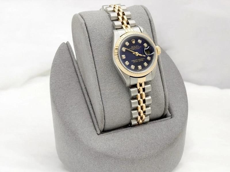 Rolex Ladies Datejust 69173 26mm Blue Diamond Dial 18k Yellow Gold Steel Jubilee - 2