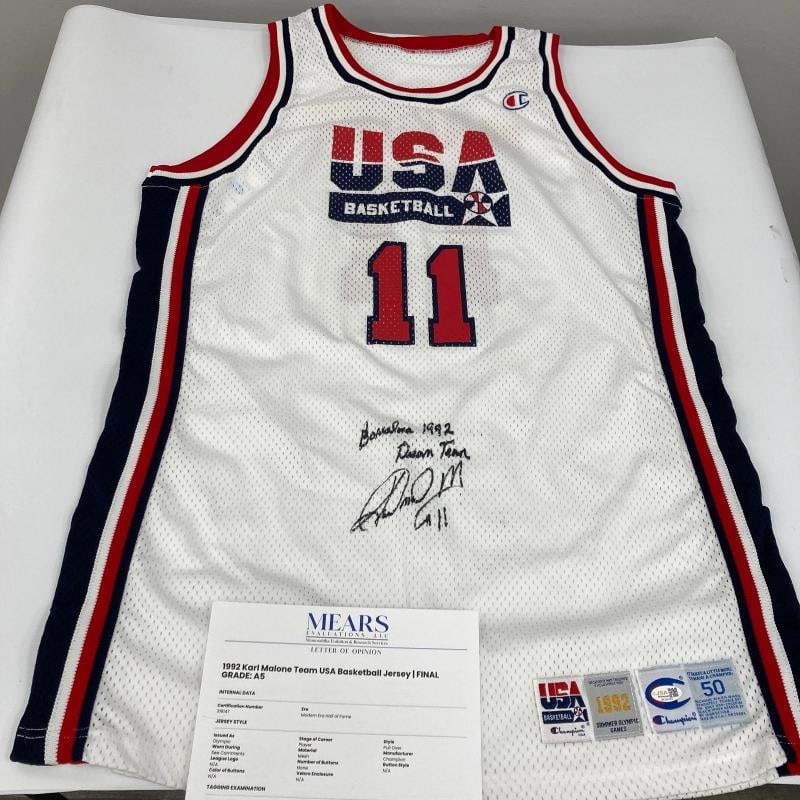 1992 Karl Malone Signed Game Issued Team USA Olympics Jersey MEARS COA & JSA: Sport: Basketball,Player: Karl Malone,Signed: Yes,Autograph Authentication: James Spence Authentication (JSA),Original/Reprint: Original,Product: Jersey,Country of Origin: United States