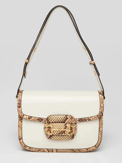 Gucci White/Beige Leather/Snakeskin 1955 Horsebit Shoulder Bag: Condition: Pre-owned - Good,Brand: Gucci,Exterior Material: Leather,Style: Everyday Bags,Exterior Color: Beige,White,Department: Women,Country of Origin: Italy Description This delightful and current