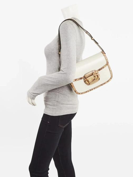 Gucci White/Beige Leather/Snakeskin 1955 Horsebit Shoulder Bag - 2