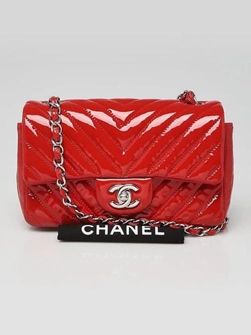 Chanel Red Chevron Quilted Patent Leather Classic Rectangular Mini Flap Bag - 10