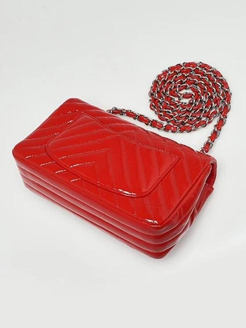 Chanel Red Chevron Quilted Patent Leather Classic Rectangular Mini Flap Bag - 3