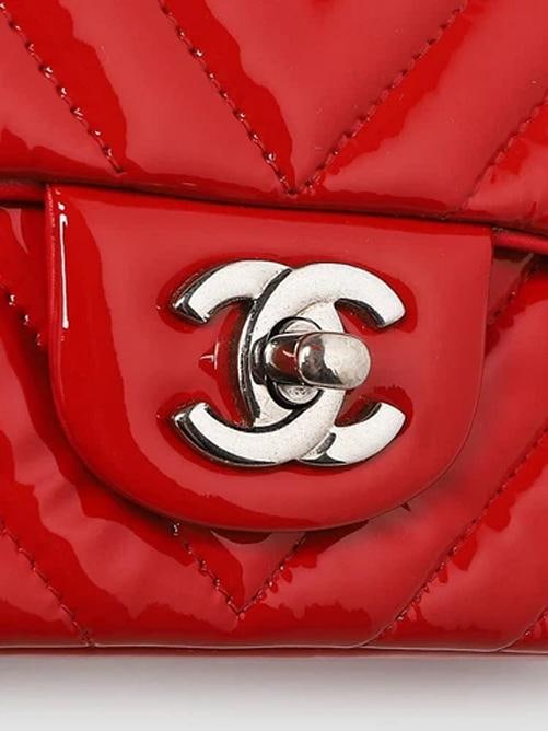 Chanel Red Chevron Quilted Patent Leather Classic Rectangular Mini Flap Bag - 5