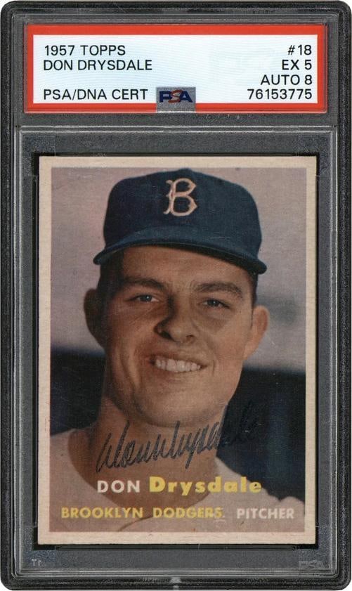 Dodgers Don Drysdale Signed 1957 Topps #18 Rookie Card Ex 5, Auto 8 PSA Slabbed: Sport: Baseball,Product: Box, Box & Case Breaks, Case, Coin, etopps (In-hand), Lot, Pack,,Original/Reprint: Original,Player: Don Drysdale,Autograph Authentication: PSA,Team: Brooklyn Dodgers,PRODUCT_C
