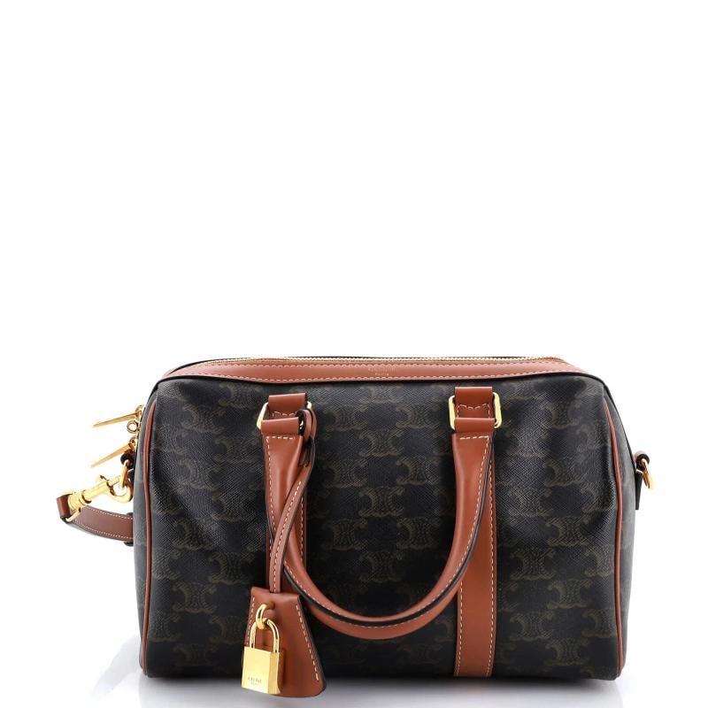 Celine Boston Bag Triomphe Coated Canvas Medium: Condition: Pre-owned - Good,Brand: Celine,Exterior Material: Canvas Coated,Style: Shoulder Bags,Exterior Color: Brown,Department: Women,Size: Medium,Accessories: Clochette, Lock, Keys, Dust Bag, With 