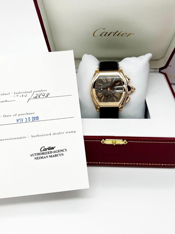 Cartier Ref 2848 Roadster Chronograph XL 18K Rose Gold Leather Strap Box Paper: Condition: Pre-owned - Excellent,Case Material: Rose Gold,Movement: Mechanical (Automatic),Year Manufactured: 2010-2019,With Papers: Yes,Reference Number: 2848,Band/Strap: Bracelet,Brand: Cartier,Depa