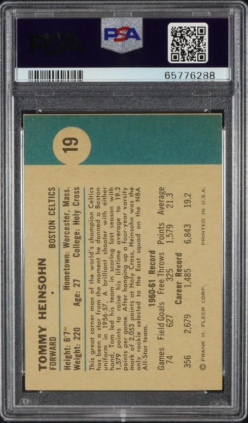 Tom Heinsohn (HOF) Signed 1961-62 Fleer #19 PSA/DNA GEM MINT 10 - 2