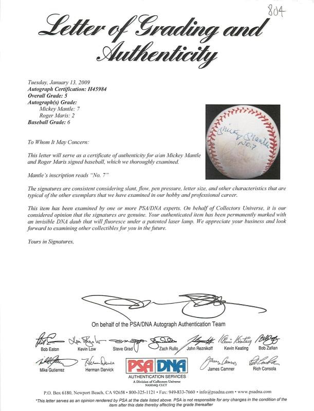 Yankees Mickey Mantle & Roger Maris "No. 7" Signed Onl Baseball PSA/DNA #H45984 - 7