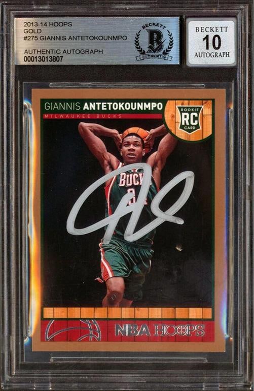 Bucks Giannis Antetokounmpo Signed 2013 Hoops Gold #275 RC Auto 10! BAS Slab: Condition: Used: An item that has been used previously.. ,Sport: Basketball-NBA,League: NBA,Team: Milwaukee Bucks,Graded: Yes,PRODUCT_COA: Beckett,PRODUCT_SIGNED_BY_NAME: Giannis