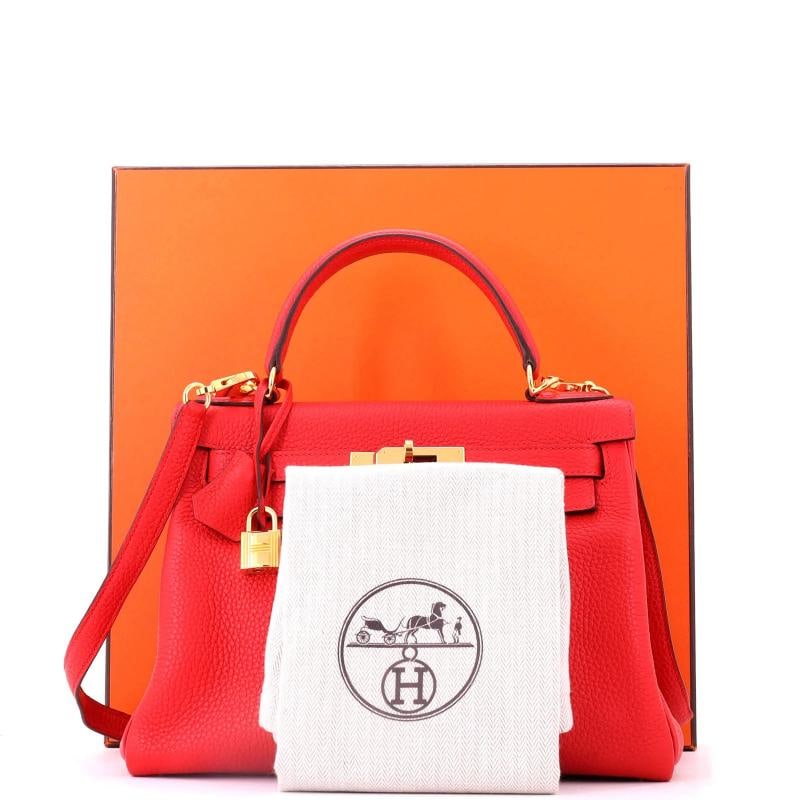 Hermes Kelly Handbag Red Clemence with Gold Hardware 28 - 2