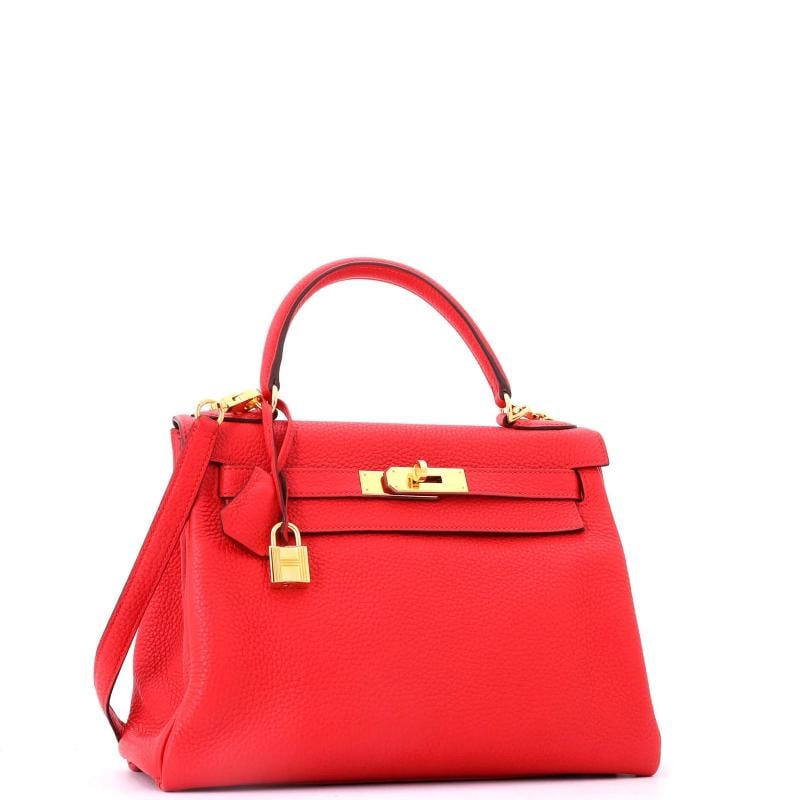 Hermes Kelly Handbag Red Clemence with Gold Hardware 28 - 3