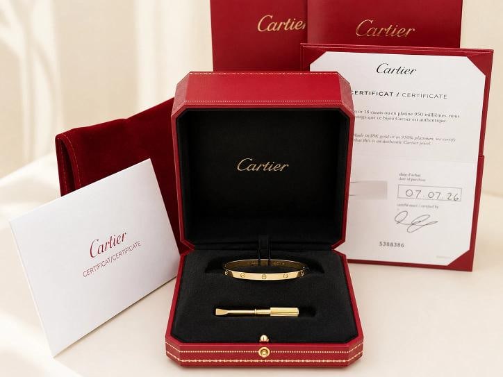 New Cartier LOVE Bracelet Small Model Size 16 18k Yellow Gold Box COA Receipt: Condition: Pre-owned - Excellent,Closure: Screw,Signed: Yes,Color: Yellow,Sizable: No,Metal: Yellow Gold,Item Length: 6.3 in,Materials sourced from: France,Modified Item: No,Main Stone: No