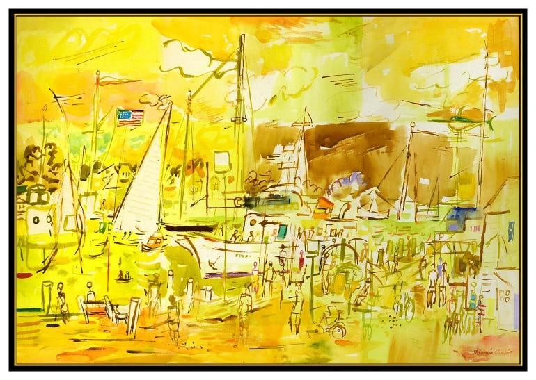 Francis Chapin Original Gouache Painting Signed Framed Harbor Sailboat Landscape - 3