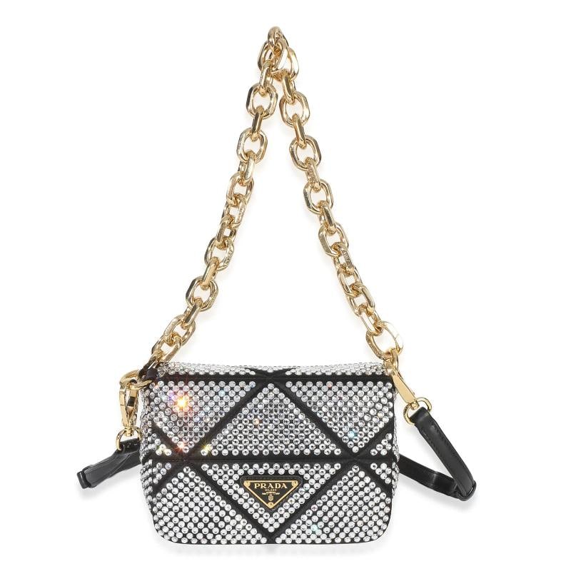 Prada Black Satin Crystal Mini Chain Shoulder Bag: Condition: Pre-owned - Good,Dimensions: 6.5 x 4.5 x 2.5,Handbag Accessories: Additional Strap;Dustbag,Bag Width: 6.5 in,Bag Depth: 2.5 in,Bag Height: 4.5 in,Department: Unisex,Style: Shoulder