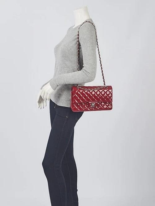 Chanel Red Quilted Patent Leather Classic Medium Double Flap Bag - 2