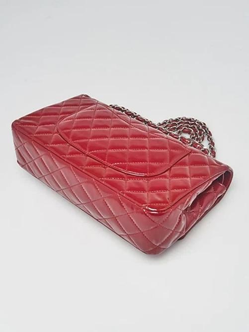 Chanel Red Quilted Patent Leather Classic Medium Double Flap Bag - 3