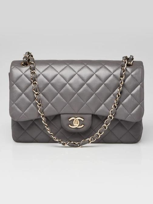 Chanel Grey Quilted Lambskin Leather Classic Jumbo Double Flap Bag: Condition: Pre-owned - Good,Brand: Chanel,Exterior Material: Leather,Style: Everyday Bags,Exterior Color: Grey,Department: Women,Country of Origin: Italy Description The Chanel Quilted Lambskin Leathe