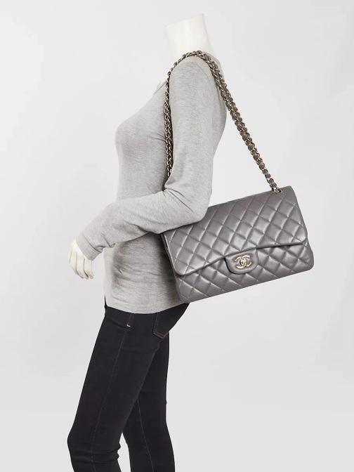 Chanel Grey Quilted Lambskin Leather Classic Jumbo Double Flap Bag - 2