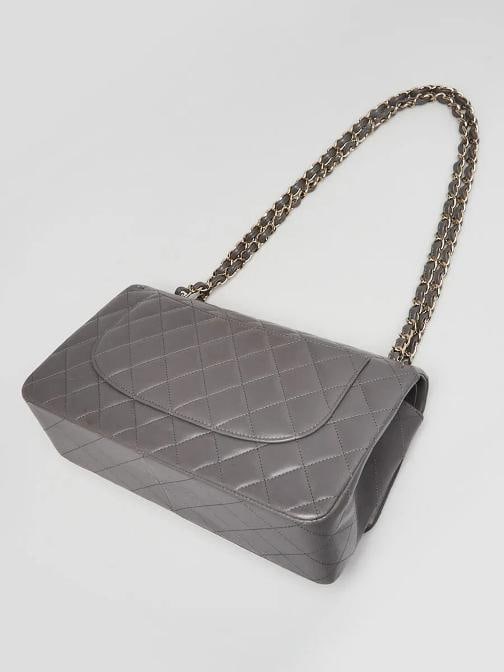 Chanel Grey Quilted Lambskin Leather Classic Jumbo Double Flap Bag - 3