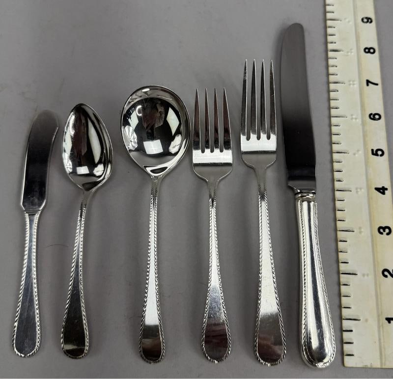 Tuttle Sterling Silver 62pc Feather Edge Flatware Set for 9 Harry Truman Marks - 2