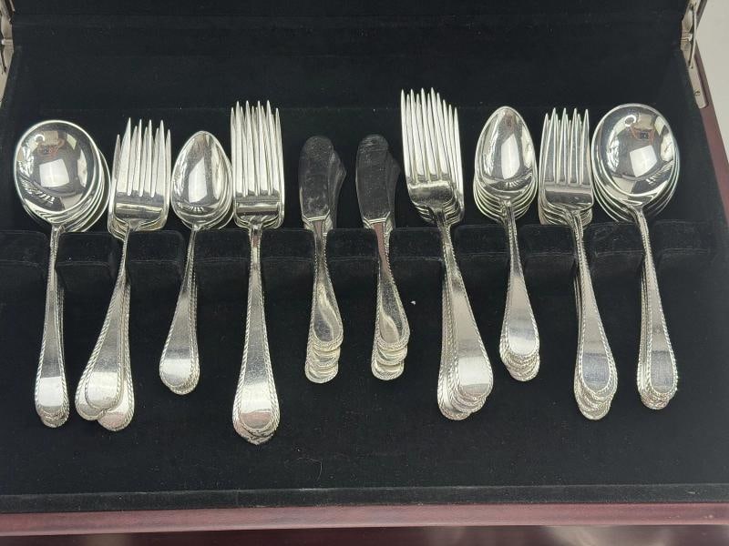 Tuttle Sterling Silver 62pc Feather Edge Flatware Set for 9 Harry Truman Marks - 4