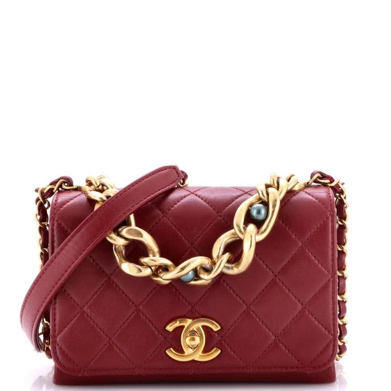 Chanel Pearl Boy Chain Flap Bag Quilted Calfskin Mini: Measurements: Handle Drop 3", Height 5", Width 7", Depth 3", Strap Drop 22" . Condition: Pre-owned - Good,Brand: Chanel,Exterior Material: Faux Pearl, Leather,Style: Shoulder Bags,Exterior Color: Red,