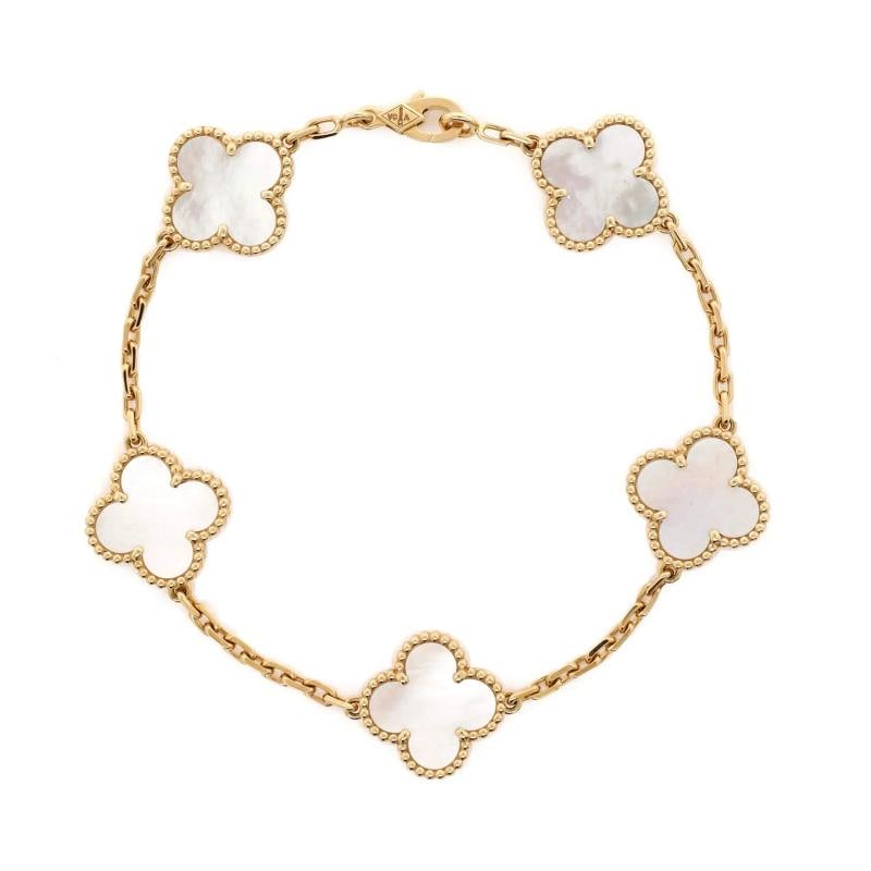 Van Cleef & Arpels Vintage Alhambra 5 Motifs Bracelet 18K Yellow Gold and Mother: Measurements: Circumference: 7.50 ", Width: 14.90 mm . Condition: Pre-owned - Good,Brand: Van Cleef & Arpels,Main Stone: Unknown,Metal: 18K Yellow Gold,Metal Purity: 18K,Style: Bracelet,Type: