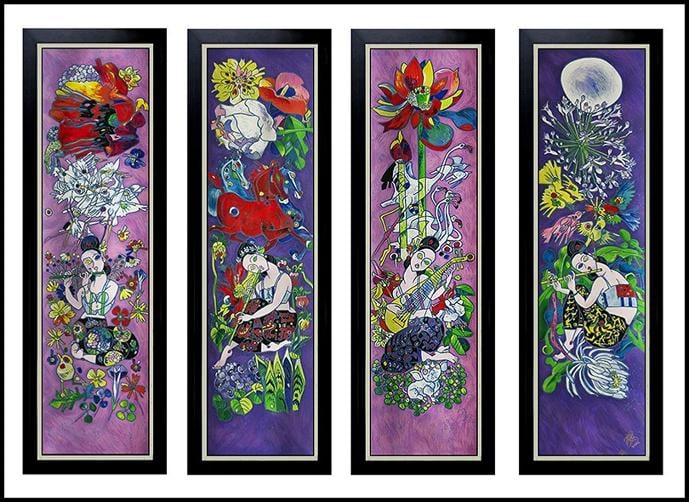 JIANG TieFENG Original Signed 4 SERIGRAPH on CANVAS ART Painting FRAMED Tie Feng: measures 47x12" and is from the numbered edition of 200 on canvas (They are number 151/200). These artworks have each been custom framed with the framed dimensions measuring 53" x 18" (Each). Artist: