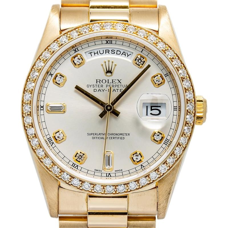 Rolex Day Date 18348 18k Yellow Gold Factory Silver Diamond Dial Auto Watch 36mm - 2