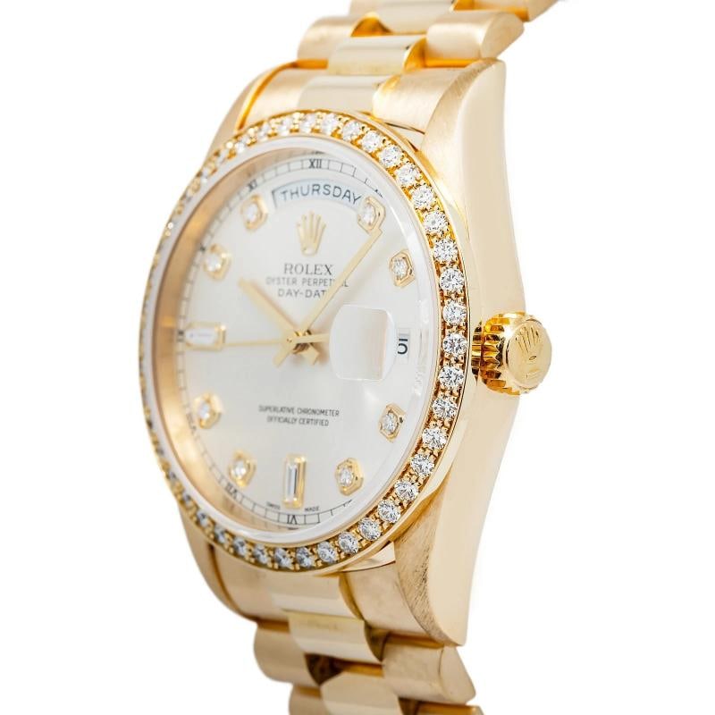 Rolex Day Date 18348 18k Yellow Gold Factory Silver Diamond Dial Auto Watch 36mm - 3