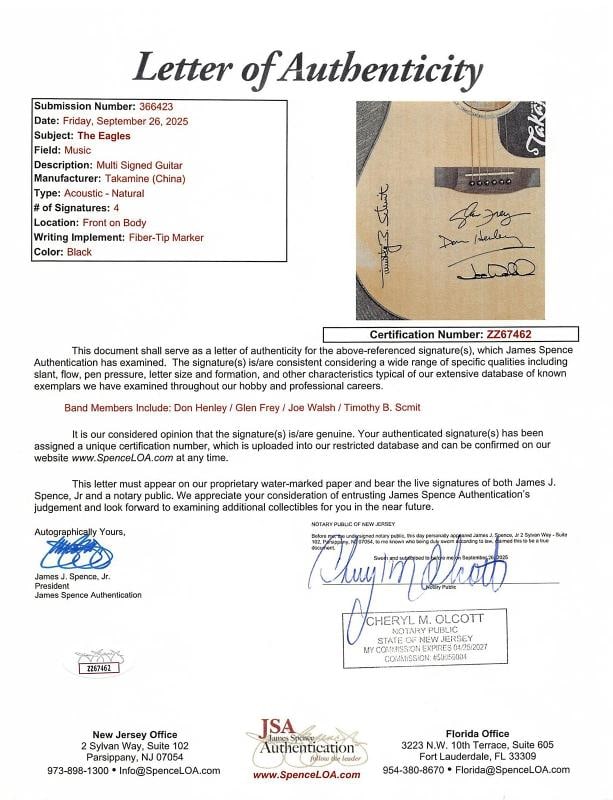 The Eagles (4) Henley, Frey, Walsh & Schmit Signed Takamine Acoustic Guitar JSA - 6