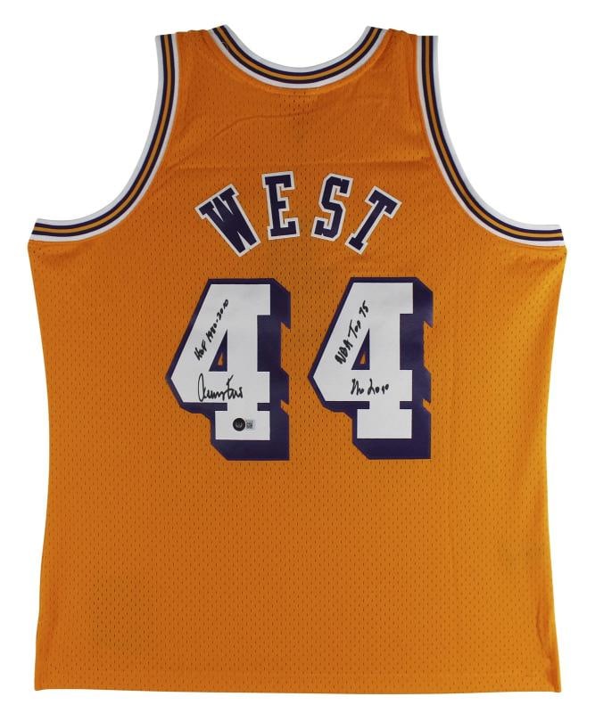 Lakers Jerry West "3x Inscribed" Signed Yellow M&N HWC Swingman Jersey BAS (1 of 7)