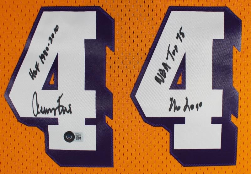 Lakers Jerry West "3x Inscribed" Signed Yellow M&N HWC Swingman Jersey BAS - 2