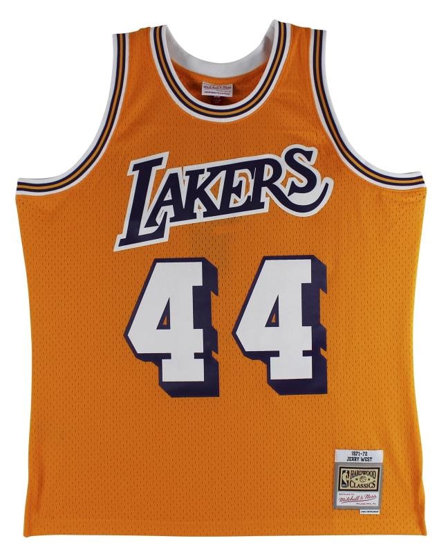 Lakers Jerry West "3x Inscribed" Signed Yellow M&N HWC Swingman Jersey BAS - 3