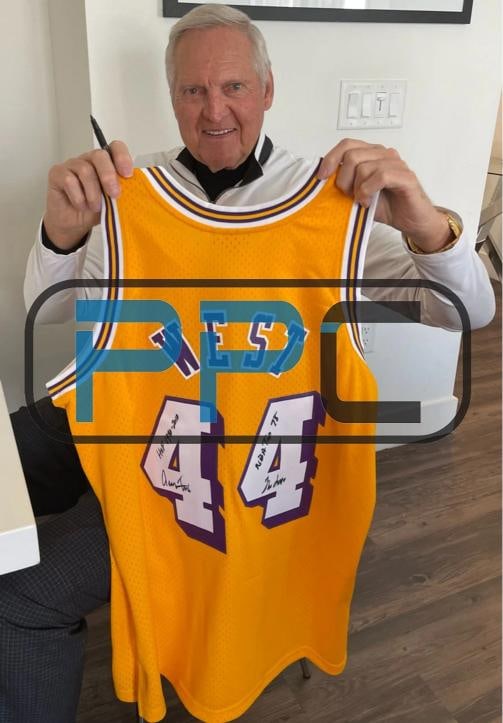 Lakers Jerry West "3x Inscribed" Signed Yellow M&N HWC Swingman Jersey BAS - 6