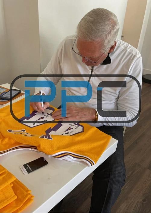 Lakers Jerry West "3x Inscribed" Signed Yellow M&N HWC Swingman Jersey BAS - 7