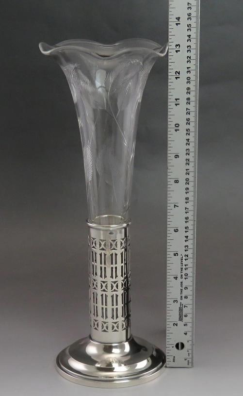 Antique c1900 Mauser Sterling Silver & American Brilliant Cut Glass Vase - 10