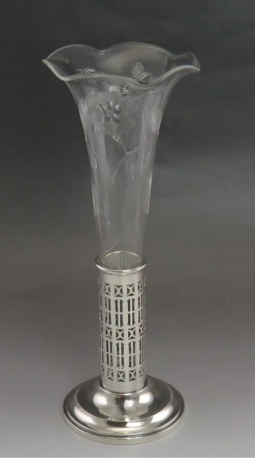 Antique c1900 Mauser Sterling Silver & American Brilliant Cut Glass Vase - 6