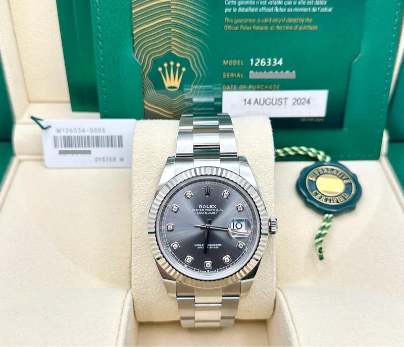 2024 Rolex Datejust 41 126334 Slate Rhodium Diamond 18k Gold Steel Box Paper: Style Number: 126334 Year: 2024 Model: Rolex Datejust 41 Case Material: Stainless Steel Band: Stainless Steel Bezel: 18K White Gold Dial: Factory Rhodium Diamond Dial Crystal: Sapphire Case Size: 41mm