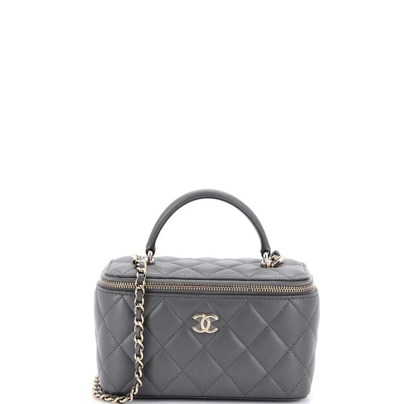 Chanel Classic Top Handle Vanity Case with Chain Quilted Lambskin Small: Measurements: Handle Drop 3", Height 4", Width 7", Depth 3", Strap Drop 23" . Condition: Pre-owned - Excellent,Brand: Chanel,Exterior Material: Leather,Style: Cross Body Bags,Exterior Color: