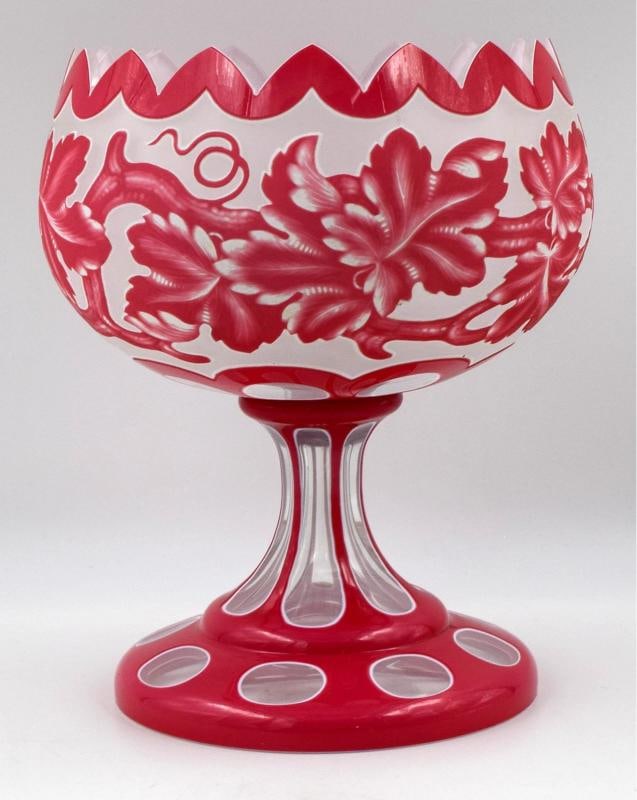 Fine Bohemian/Moser Cameo Cut & Engraved Centerpiece, Pink, Circa 1900: Measures 9 1/2" high by 7" wide. . Condition: Used,Brand: Moser,Pattern: Bohemian,Antique: Yes,Type: Centerpiece,Color: Pink