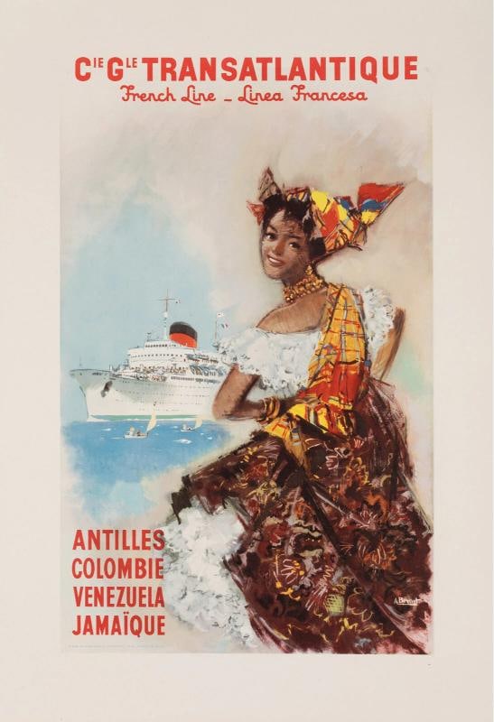 Original Vintage Poster, Brenet, CGT, Antilles, Colombia, Jamaica Venezuela 1955 (1 of 5)