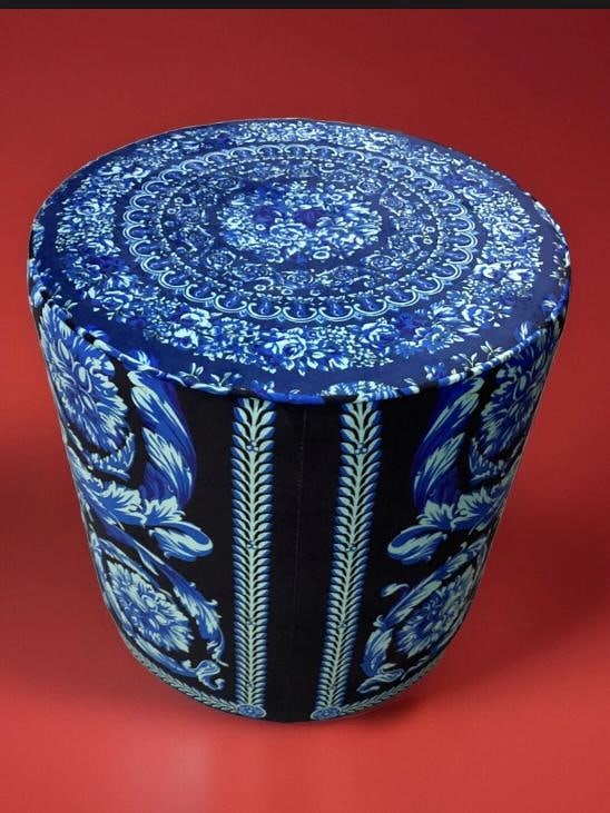 Amazing Custom Made Atelier Versace Blue Black Round Ottoman One Of Kind - 6