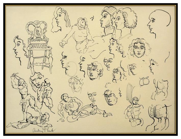 Audrey Flack Original Ink Drawing Figures Study Portrait Signed Framed Artwork - 2